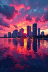 Fototapeta premium Miami sunset skyline, vibrant colors reflected in Biscayne Bay , shadow, colorful