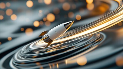 A sleek, white rocket with golden accents is depicted soaring through a futuristic, swirling light trail again