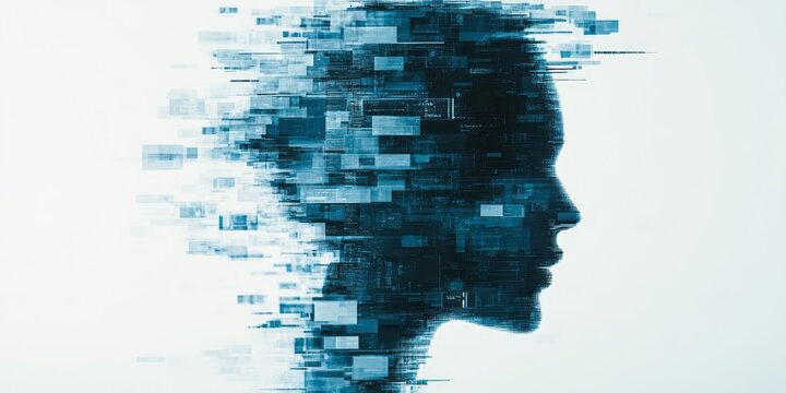 Abstract digital human head profile with dissolving pixel effect