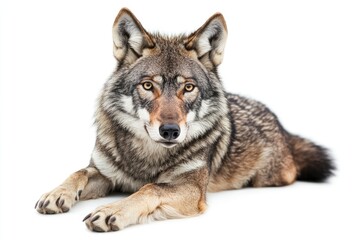 A magnificent gray wolf is resting and looking directly forward