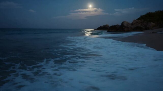 Moonlit beach with gentle waves at night.