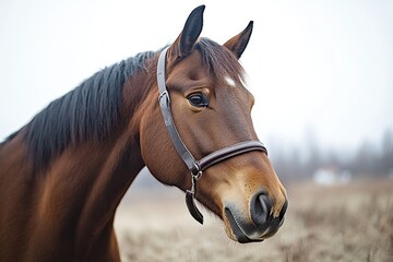 Obraz premium A Beautiful Brown Horse Wearing A Leather Halter Outdoors