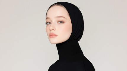 Fototapeta premium Woman in black turtleneck, portrait. Minimalist fashion photo