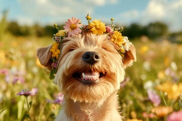 Vacation time happiness. Cute baby dog soft-coated wheaten terrier wearing free flower crown on its...