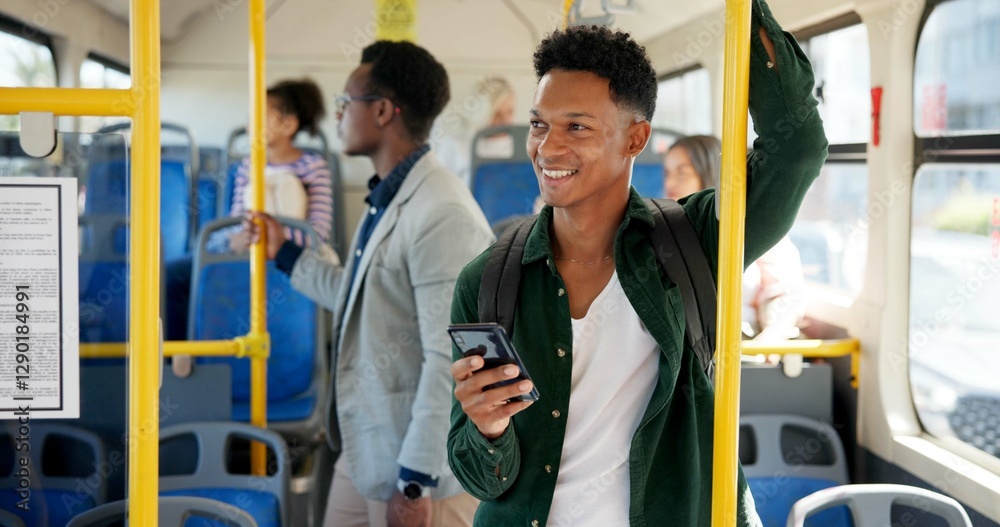 Poster bus, people and man with smartphone, smile or connection with public transportation. thinking, mobil