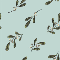 Mistletoes placed diagonally on a mint green background in a Christmas color palette of forest green, olive green and cream.  Christmas seamless vector pattern. Great for home decor, fabric, wallpaper