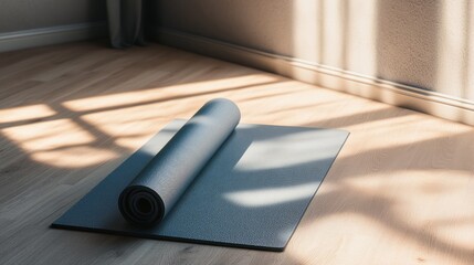 A solitary yoga mat invites calm focus, embodying simplicity and inner peace.
