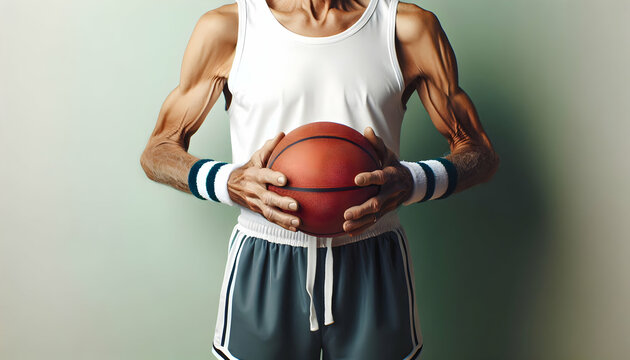 Healthy Aging An elderly individual holding a basketball while wearing a white tank top, dark shorts with white st4