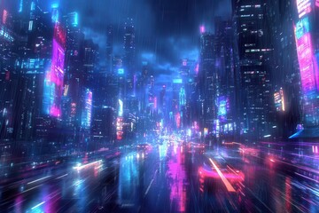 Fototapeta premium neon-drenched skyline sparkles with electric blues and purples, wet streets reflecting jagged light trails under a stormy night sky, pulsing with cyberpunk intensity and urban allure.