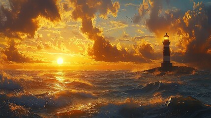Fototapeta premium Golden Sunset, Ocean Waves, Lighthouse