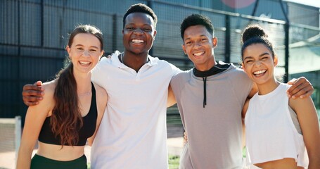 Sports, tennis court and portrait of friends hug for playing games, match and competition. Fitness club, teamwork and happy men and women with smile for training, exercise and workout for practice