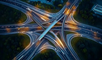 Arial top view of Modern transportation with Expressway, Road, and Roundabout, multilevel junction highway-top view. at night ,

