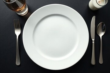 White plate with a simple border on black table, border, white, black