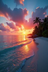 Vibrant hues paint Maldives sunset, ocean calm , photo, ocean