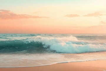 Fototapeta premium ocean waves surge in soft peach and aqua hues, crashing gently on a golden shore under a dreamy pastel dawn sky with misty horizons.