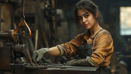 Fototapeta premium portrait of young woman worker in apron works with metal at the factory 