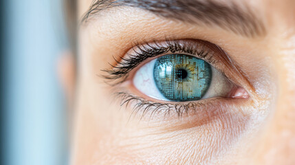 Obraz premium close up of person eye reflecting complex mathematical patterns, showcasing technology and