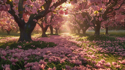 A breathtaking orchard of blossoming cherry trees, with soft pink petals carpeting the ground and sunlight streaming through the branches.