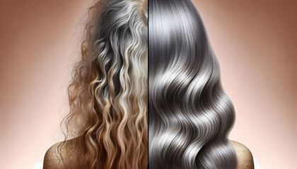 Fototapeta premium Healthy Aging A before-and-after style split-screen image showcasing dull, dry aging hair on one side and well-mai1