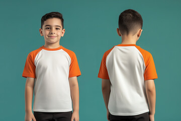 boy wearing a white and orange short-sleeve raglan t-shirt mockup front and back used as a design template