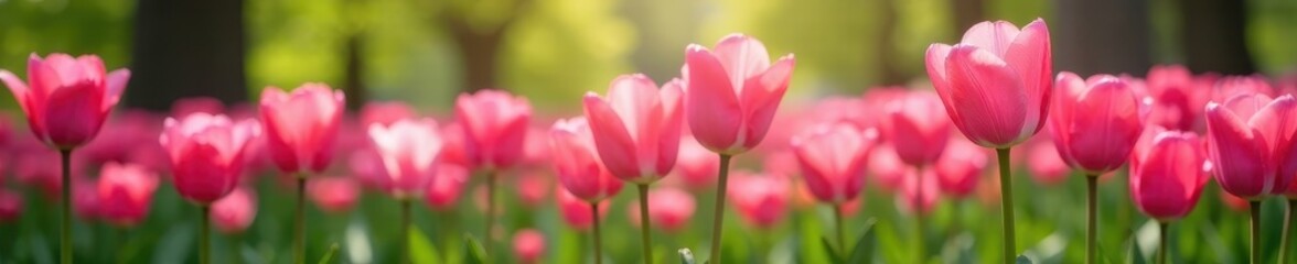 Fototapeta premium Lush pink tulip display, serene park garden setting Spring blooms, Liliaceae family , display, flora