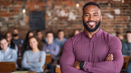 Obraz premium Confident man in front of a large audience, presentation, business meeting, possible use for corporate training or business articles
