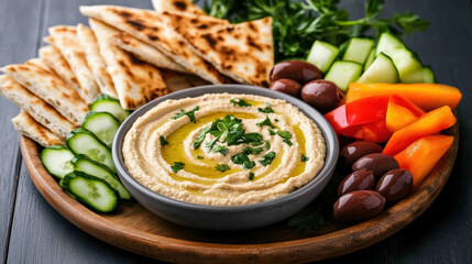 Delicious Mediterranean mezze platter with hummus, pita, and fresh veggies