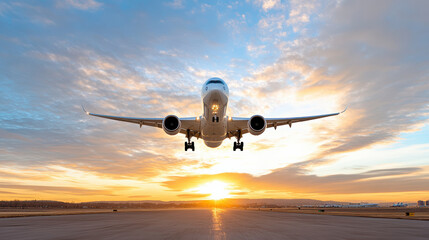 Obraz premium commercial airplane soaring through sky at sunset, showcasing its elegance and power