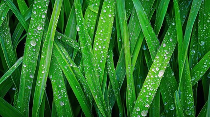 Fototapeta premium Close up of dew drops on green grass blades