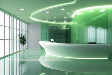 A digital 3D visualization of a corporate reception area incorporating green energy solutions and innovative architectural design.