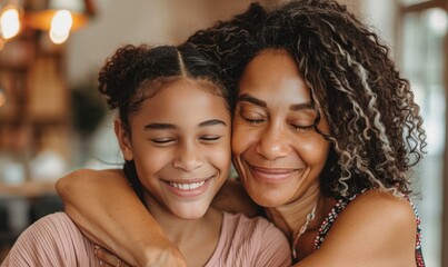 A woman is hugging a young girl