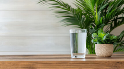 glass of water on wooden table beside potted plant, creating refreshing atmosphere