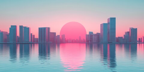 Fototapeta premium City skyline at sunset reflected in calm turquoise water