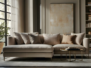 Modern Lounge Comfort: A stylish close-up of a modern sofa in a bright and airy corner, featuring sleek lines and neutral tones. Soft lighting enhances the sophisticated yet cozy ambiance.