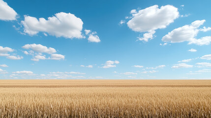 Golden wheat field under bright blue sky with fluffy clouds