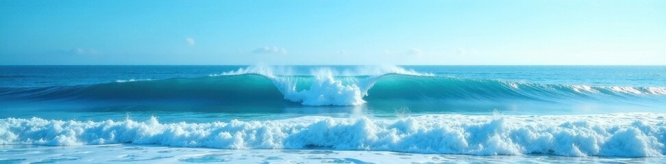 Rolling waves meet clear blue sky in wide seascape , texture, sunlight, scenic