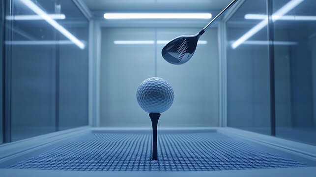 Golf club poised over ball in lab testing chamber - Powered by Adobe