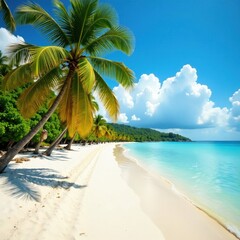 Rows of coconut palms line a pristine sandy beach, meeting the calm sea , sunlight, horizon