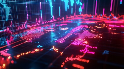 Obraz premium Global Network Data Visualization Abstract World Map with Financial Market Charts and Data Streams
