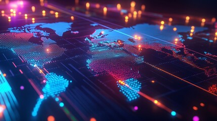 Global Network Connection Futuristic World Map with Data Streams