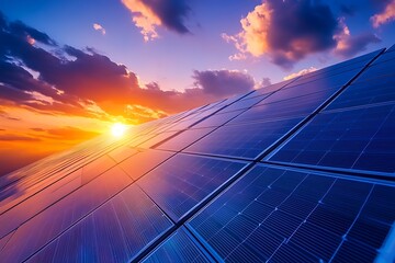 Sunset solar panels energy farm