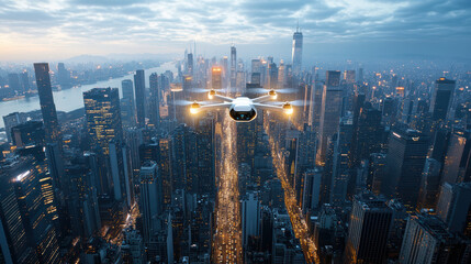 Futuristic city skyline with drone flying over urban landscape at dusk