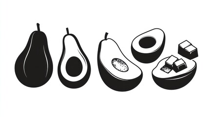 Avocado fruit sliced and diced displayed on a white background for nutrition concept