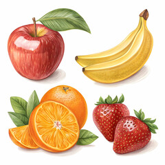 colorful fruits illustrations pack isolated on white background, featuring a variety of fresh and juicy tropical and seasonal fruits