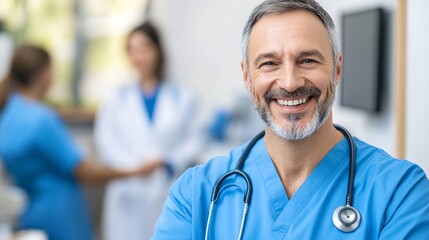 Smiling veterinarian with a gentle expression, embodying care and compassion for animals.
