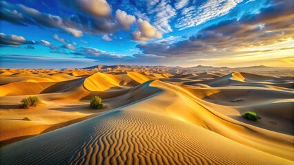 Naklejka premium Aerial Desert Landscape with Soft Sand Dunes and Clear Sky, Ideal for Nature and Travel Themes, Perfect Copy Space for Text, Stunning Horizontal Pale Illustration