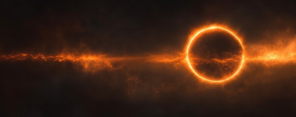 Solar eclipse occurs over a dramatic sky filled with clouds and glowing light during twilight hours in an enchanting atmosphere
