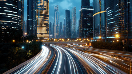 Obraz premium vibrant cityscape at night with illuminated skyscrapers and busy highways