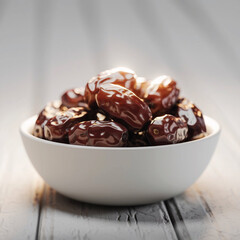 simple 3D bowl of dates slowly rotating on a white background. The dates glisten with a soft light, symbolizing the breaking of fast during Ramadan