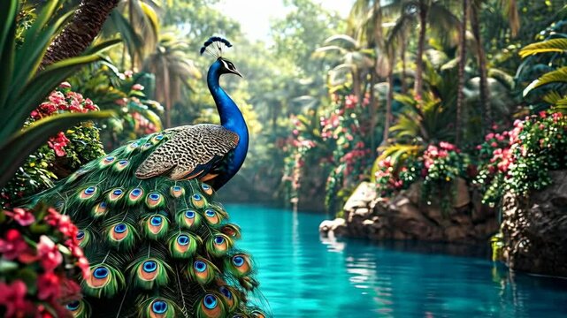 A peacock sits on the bank of a bright blue river surrounded by dense tropical vegetation.